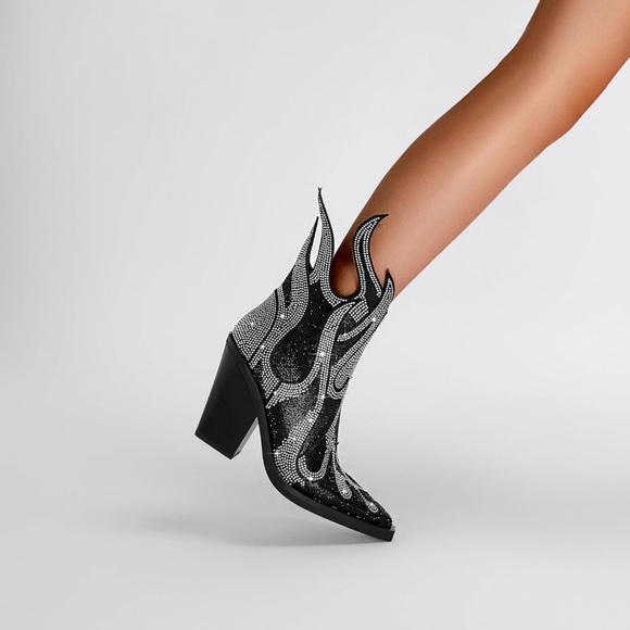 Rhinestone Flame Pointed Toe Block Heel Sparkly Cowboy Ankle Booties - Picture 7 of 8